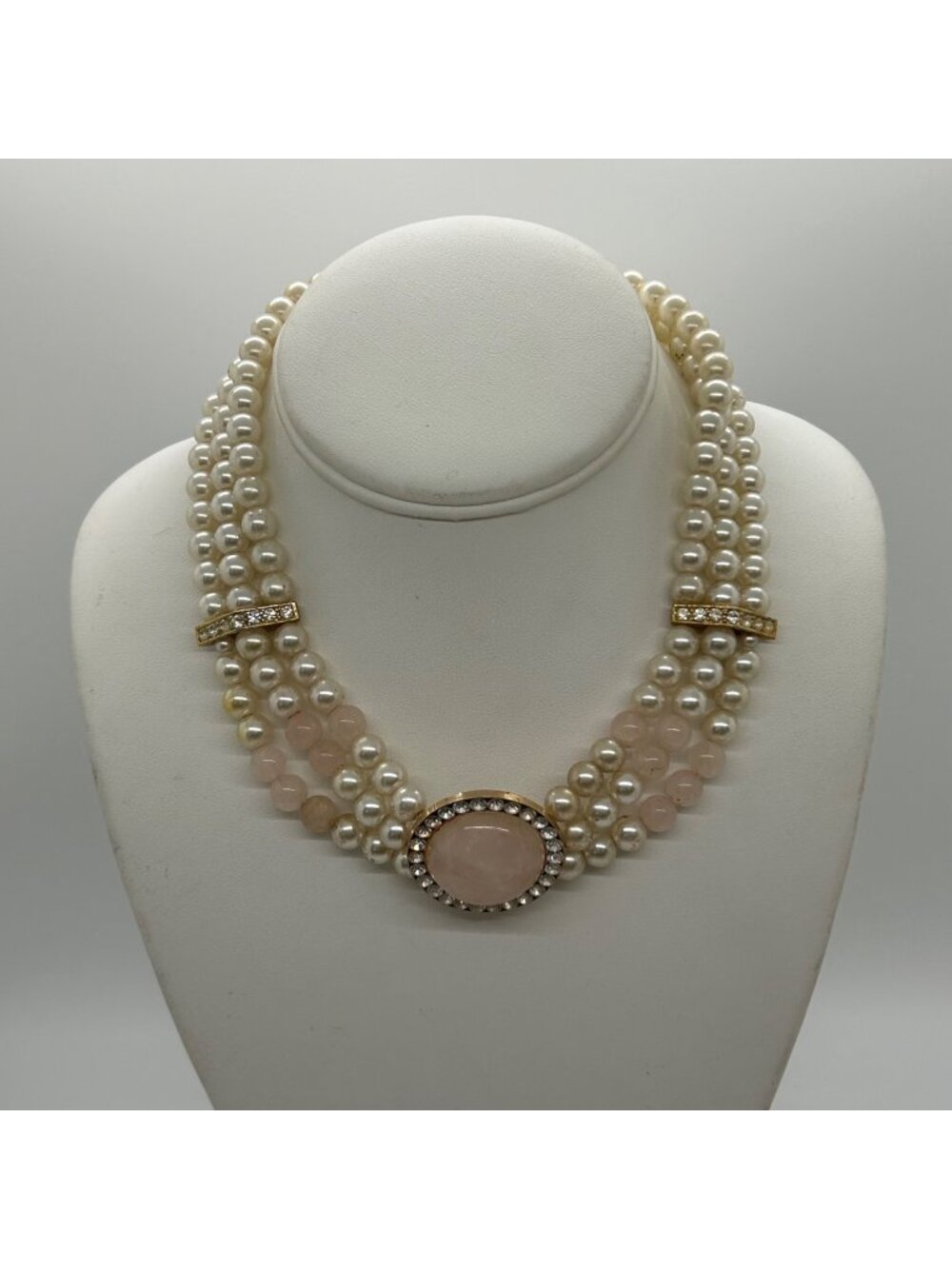 Vintage Faux Pearl & Rose Quartz Triple-Strand Necklace With Rhinestone Accents
